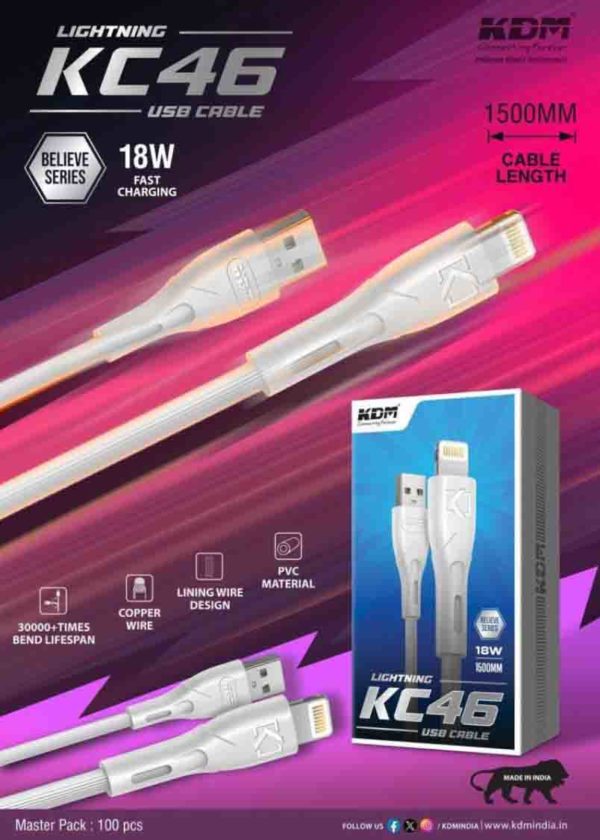 KC 46 Lightning USB Cable 18W Fast Charging Color White