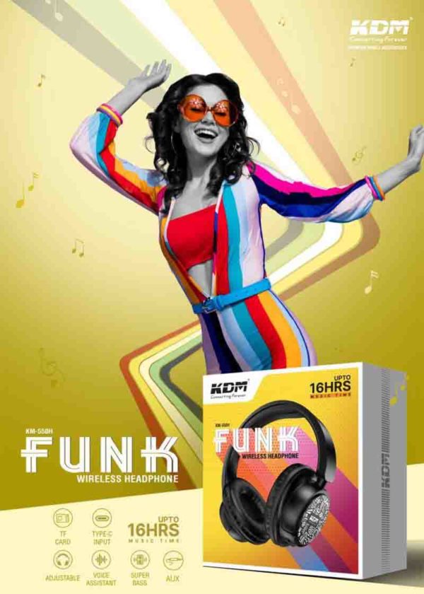 KM 550H Funk Wireless Headphones – 16-Hour Playtime, FM TF AUX, Voice Assistant, Dual Pairing, Super Bass, Type-C Charging