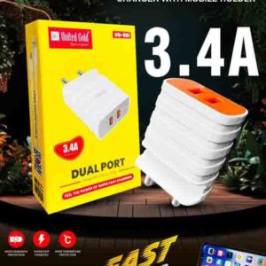 United Gold Dual Port Fast Charger 3.4A With Mobile Holder and Free Cable Pack of 100