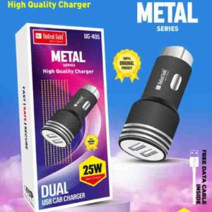United Gold Metal Series Dual USB Car Charger – 25W High-Speed Adapter with Free Data Cable (Pack of 60)